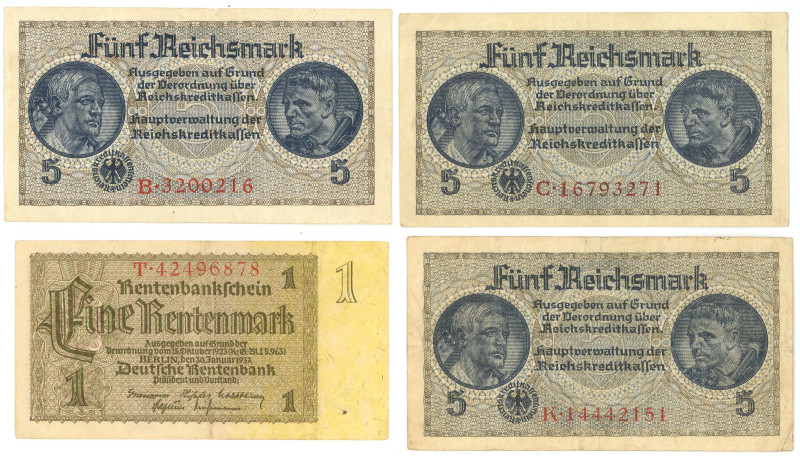 Germany - Third Reich 1 Rentenmark - 3 x 5 Reichsmark 1937 - 1945 (ND)
P# 173, ...