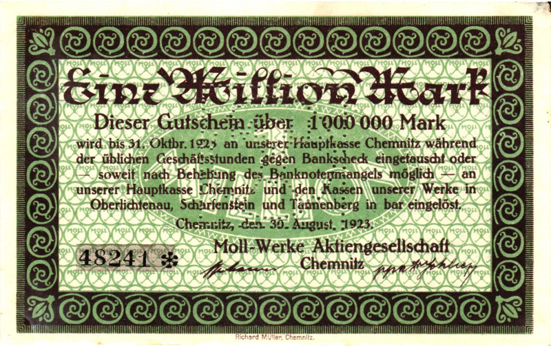 Germany - Weimar Republic Chemnitz 1 Million Mark 1923
# 48241; Now Chemnitz in...