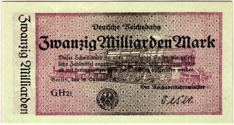 Germany - Weimar Republic Deutsche Reichsbahn 20000000000 Mark 1923
N# 369174; ...