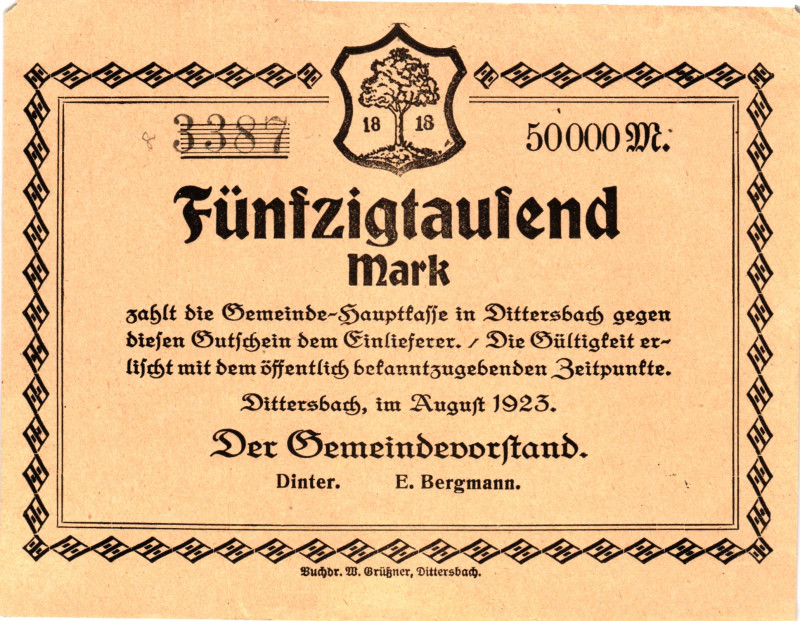 Germany - Weimar Republic Dittersbach 50000 Mark 1923
# 3387; Now Dürrröhrsdorf...