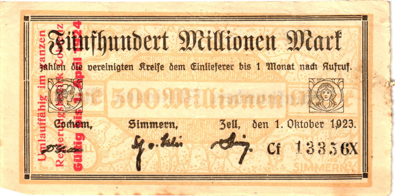 Germany - Weimar Republic Zell 500 Million Mark 1923
# Cf 1335 GX; Now Zell in ...