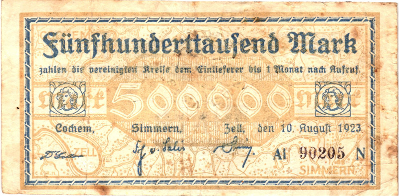 Germany - Weimar Republic Zell 500000 Mark 1923
# Al 90205 H; Now Zell in Germa...