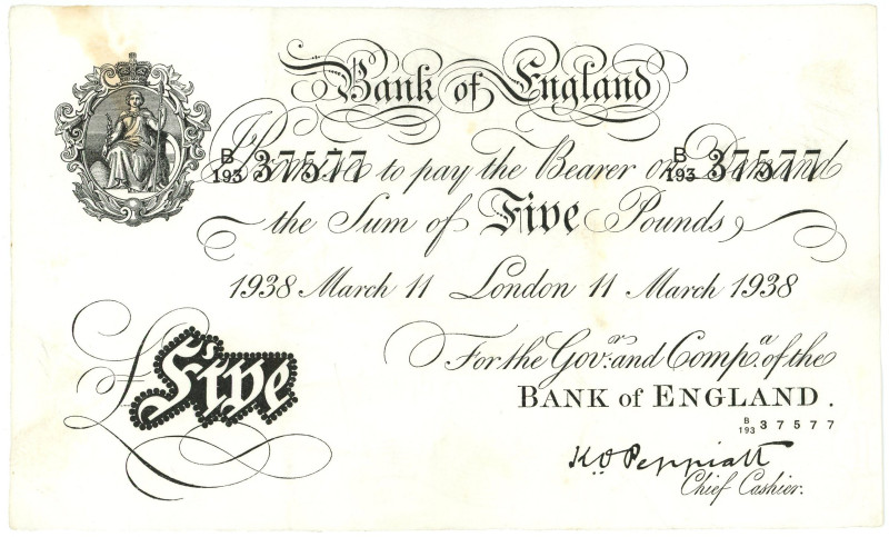 Great Britain Bank of England 5 Pounds 1938
P# 335, N# 204149; # B/193 37577; A...
