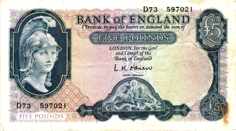 Great Britain Bank of England 5 Pounds 1961 - 1963 (ND)
P# 372, N# 203308; # D7...