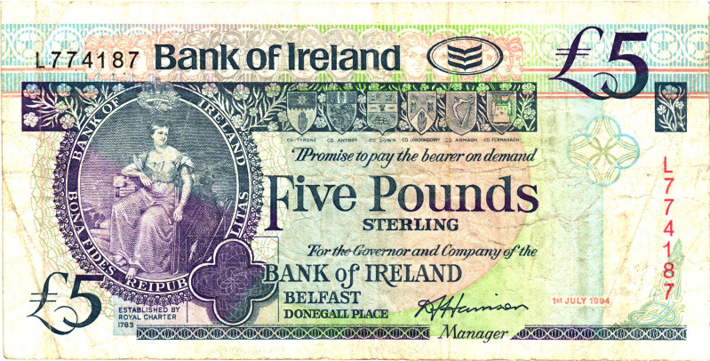 Northern Ireland Bank of Ireland 5 Pounds 1994
P# 70, N# 222482; # L774187; VF-