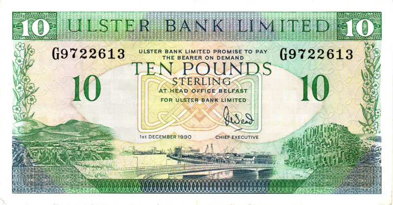 Northern Ireland Ulster Bank Limited 10 Pounds 1990
P# 332, N# 222704; # G97226...