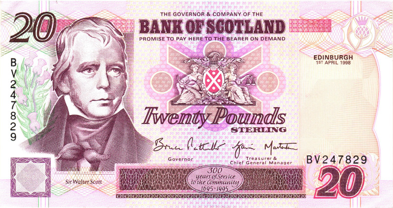 Scotland Bank of Scotland 20 Pounds 1998
P# 121b, N# 223542; # BV247829; XF