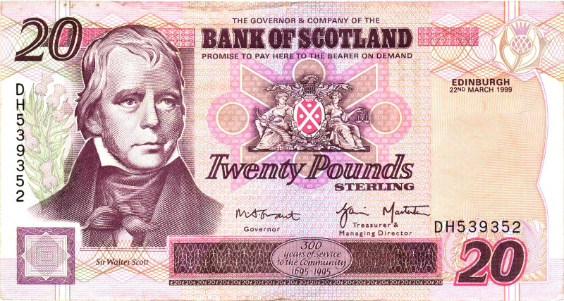 Scotland Bank of Scotland 20 Pounds 1999
P# 121c, N# 223542; # DH539352; VF+