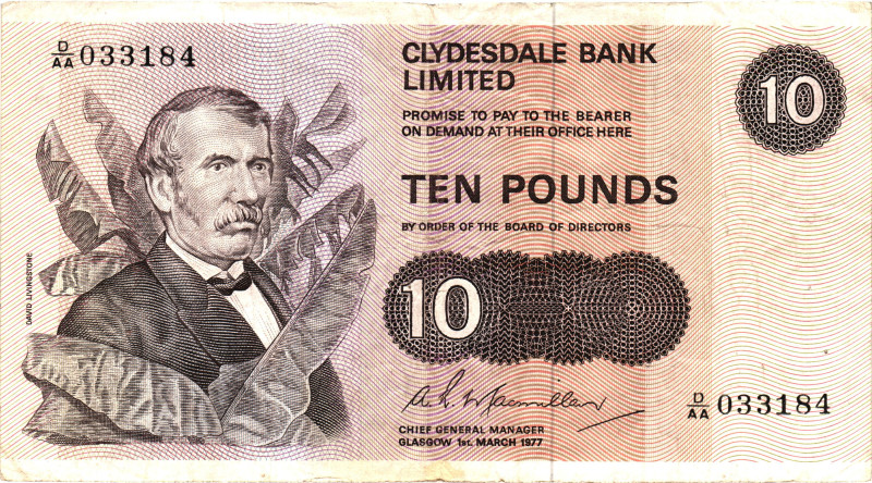 Scotland Clydesdale Bank Limited 10 Pounds 1977
P# 207b, N# 223866; # D/AA 0331...