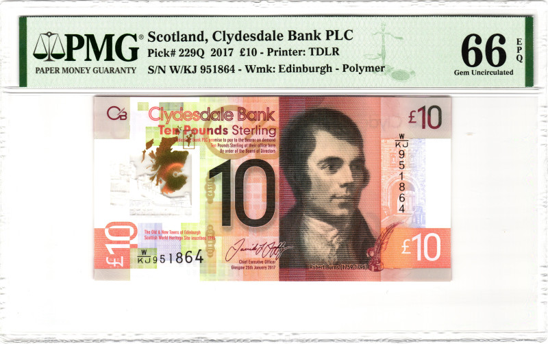 Scotland Clydesdale Bank Plc 10 Pounds 2017 PMG 66 EPQ Gem Unc
P# 229Q, N# 2087...