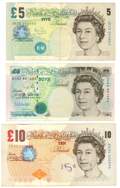 Great Britain Lot of 3 Banknotes 1990 - 2002
Various Dates & Denominations; VF