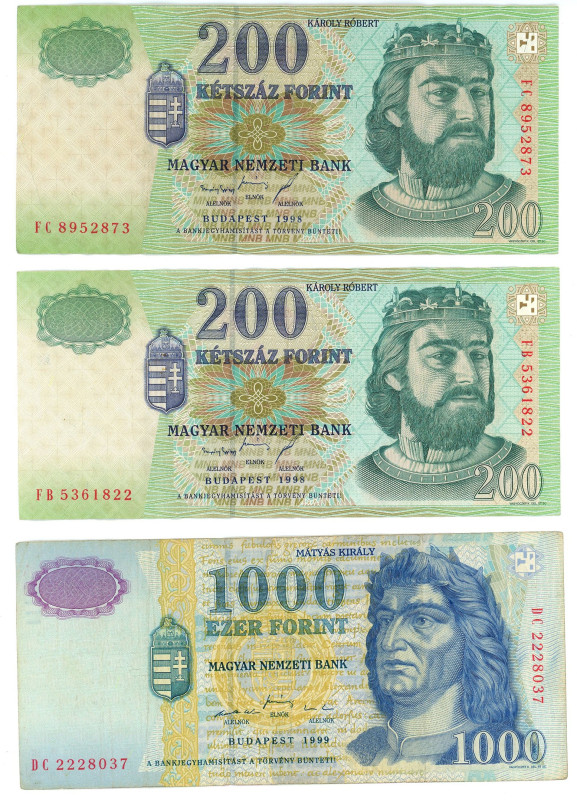 Hungary Lot of 3 Banknotes 1998 - 1999
Various Dates & Denominations; VF