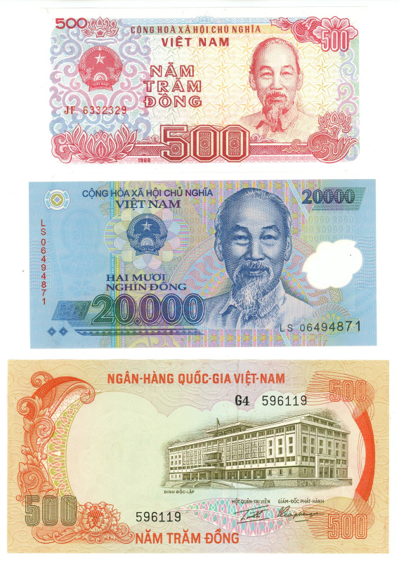 Vietnam Lot of 3 Banknotes 1972 - 2006 (ND)
Various Dates & Denominations; UNC