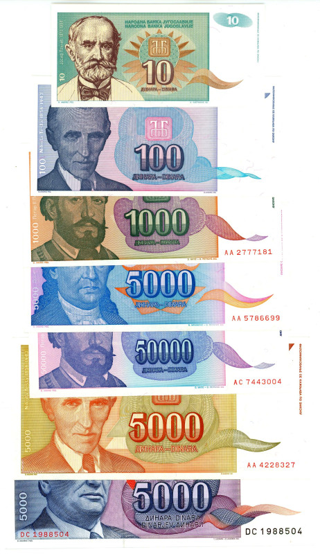 Yugoslavia Lot of 7 Banknotes 1985 - 1994
Various Dates & Denominations; AUNC-U...