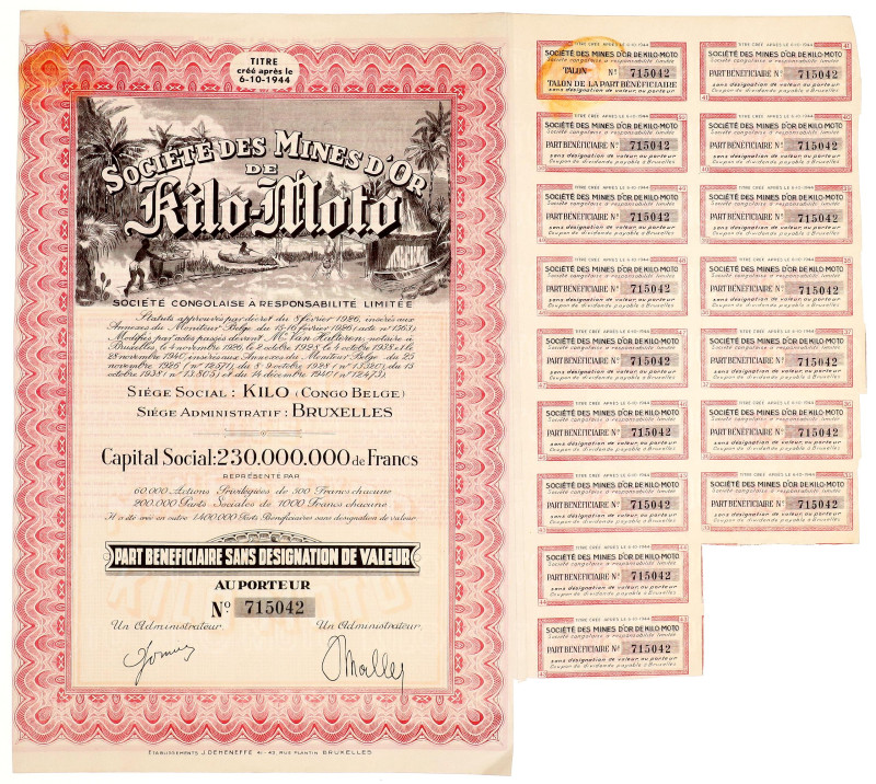 Belgium Share Gold Mining Company Kilo-Moto 1944
# 715042; AUNC