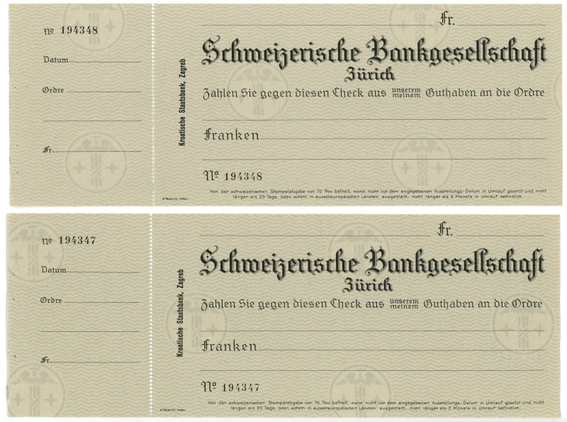 Switzerland 2 x Blank Checks (ND) Consecutive Numbers
# 194347 - 194348; UNC, w...