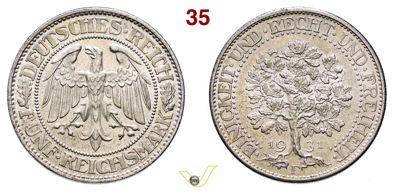 GERMANIA - REPUBBLICA DI WEIMAR (1919-1933) 5 Reichsmark 1931, F, Stuttgart KM. ...