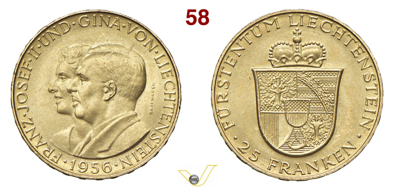 LIECHTENSTEIN - FRANCESCO GIUSEPPE II (1938-1990) 25 Franchi 1956, Berna Fr. 21 ...