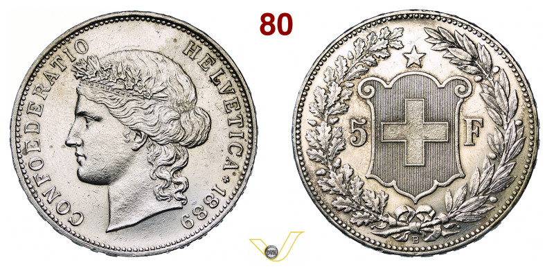 SVIZZERA - 5 Franchi 1889 KM. 34 Ag 24,99 g 37,1 mm SPL÷FDC