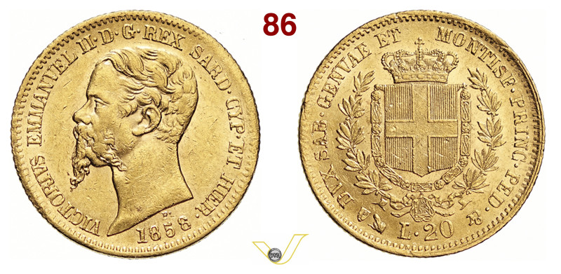 VITTORIO EMANUELE II, Re di Sardegna (1849-1861) 20 Lire 1858, Genova Varesi 88 ...