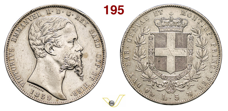 VITTORIO EMANUELE II, Re di Sardegna (1849-1861) 5 Lire 1859 Genova MIR 1057r Pa...