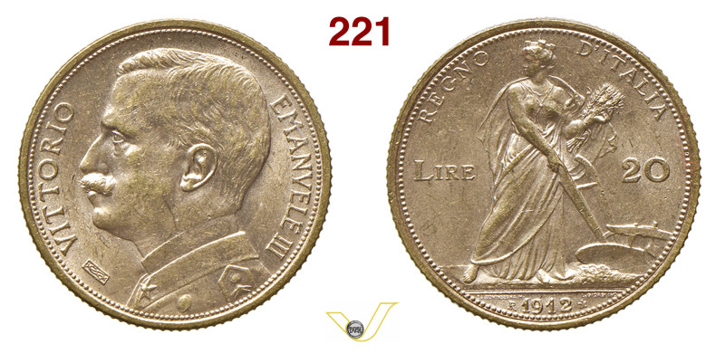 VITTORIO EMANUELE III (1900-1946) 20 Lire 1912 "Aratrice" (oro rosso), R, Roma M...