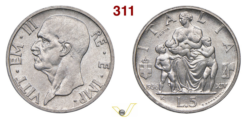 VITTORIO EMANUELE III (1900-1946) 5 Lire 1936, XIV EF "Prova", R, Roma Pagani Pr...