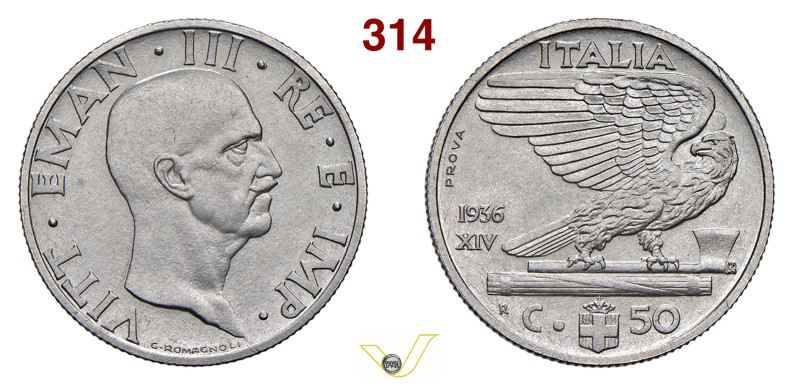 VITTORIO EMANUELE III (1900-1946) 50 Centesimi 1936, XIV EF "Prova", R, Roma Pag...