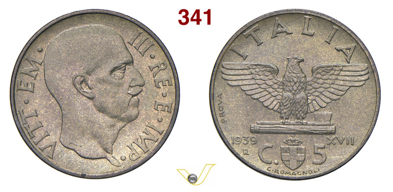 VITTORIO EMANUELE III (1900-1946) 5 Centesimi 1939, XVII EF "Prova", R, Roma Pag...