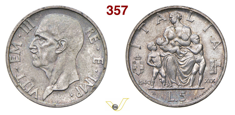 VITTORIO EMANUELE III (1900-1946) 5 Lire 1940, XIX EF , R, Roma Pagani 723 MIR 1...