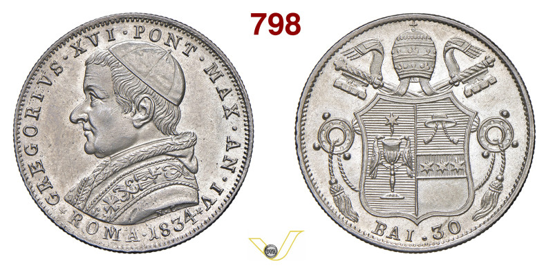 ROMA GREGORIO XVI (1831-1846) 30 Baiocchi 1834 IV Pagani 225 Ag 7,91 g 26 mm q.F...