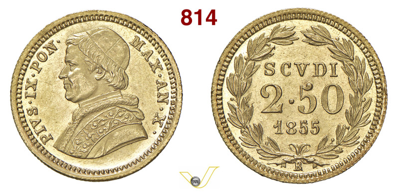 ROMA PIO IX (1846-1878) 2,5 Scudi 1855 X Pagani 359 Au 4,36 g 19 mm • Fondi luce...