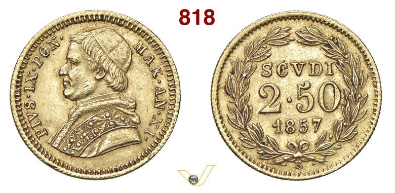 ROMA PIO IX (1846-1878) 2,5 Scudi 1857 XI Pagani 363 Au 4,33 g 18,9 mm q.SPL