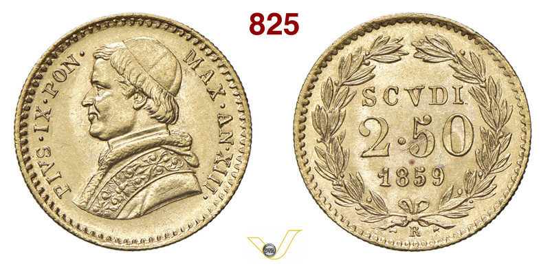 ROMA PIO IX (1846-1878) 2,5 Scudi 1859 XIII Pagani 367 Au 4,34 g 18,9 mm SPL÷FDC...