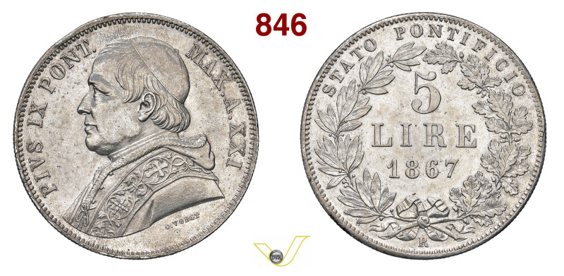 ROMA PIO IX (1846-1878) 5 Lire 1867 XXI Pagani 548 Ag 24,98 g 37,4 mm • Colpetto...