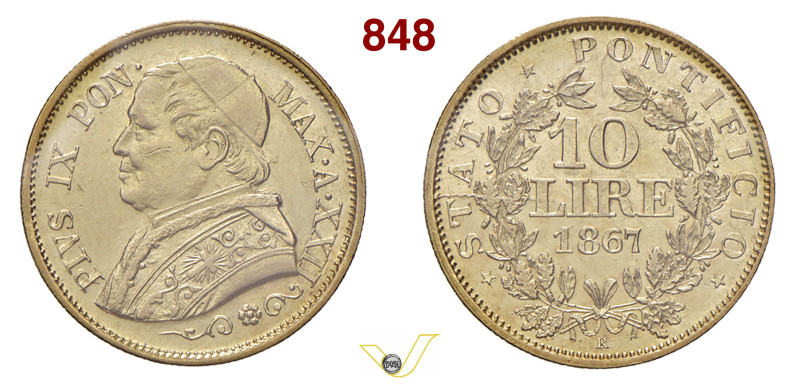 ROMA PIO IX (1846-1878) 10 Lire 1867 XXII Pagani 542 Au 3,21 g circa 19,5 mm cir...