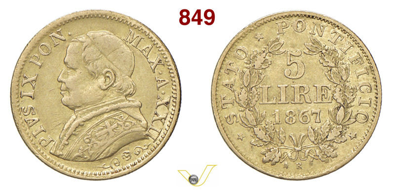 ROMA PIO IX (1846-1878) 5 Lire 1867 XXII Pagani 546 Au 1,60 g 17 mm RR • Fondi l...