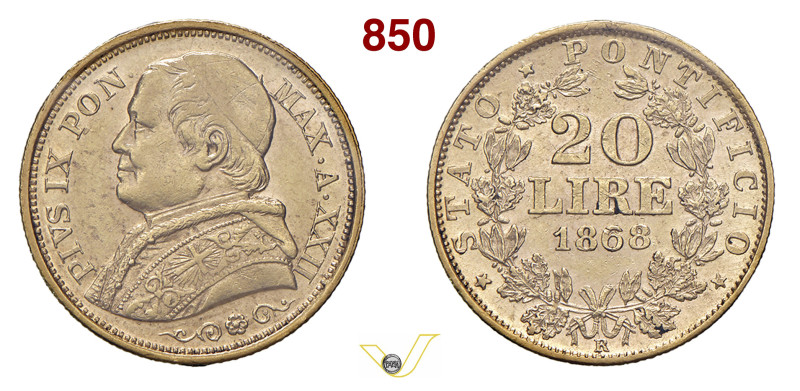 ROMA PIO IX (1846-1878) 20 Lire 1868 XXII Pagani 532 Au 6,45 g circa 21,5 mm cir...