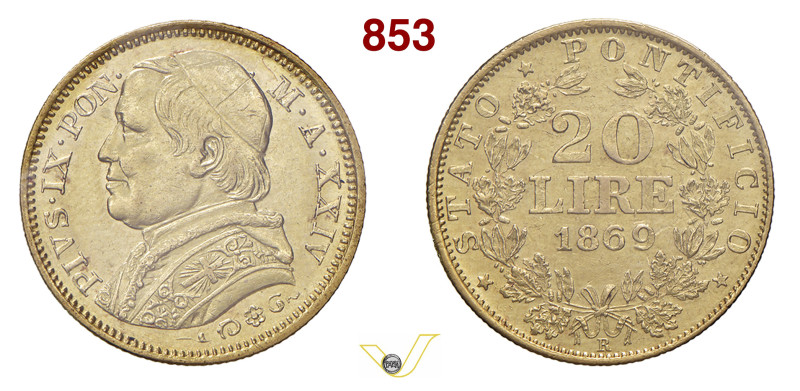 ROMA PIO IX (1846-1878) 20 Lire 1869 XXIV Pagani 536 Au 6,45 g circa 21,6 mm cir...