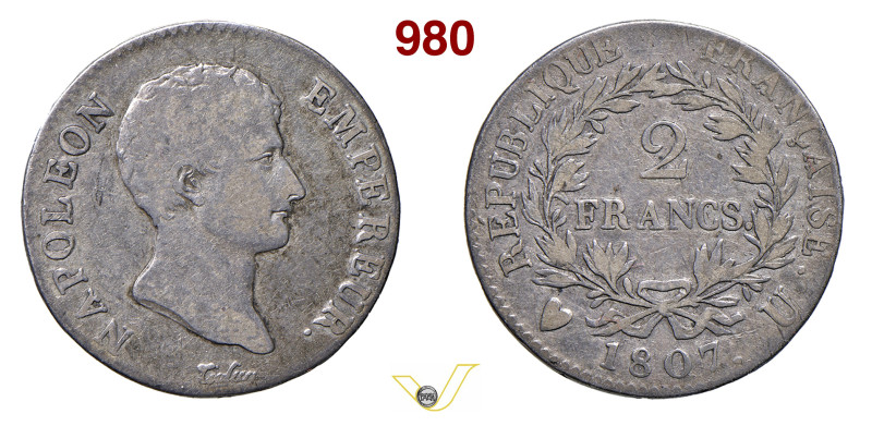 NAPOLEONE I (1804-1814) 2 Franchi 1807 U, Torino Pagani 38 Mont. 43 Gig. 38 Ag 1...