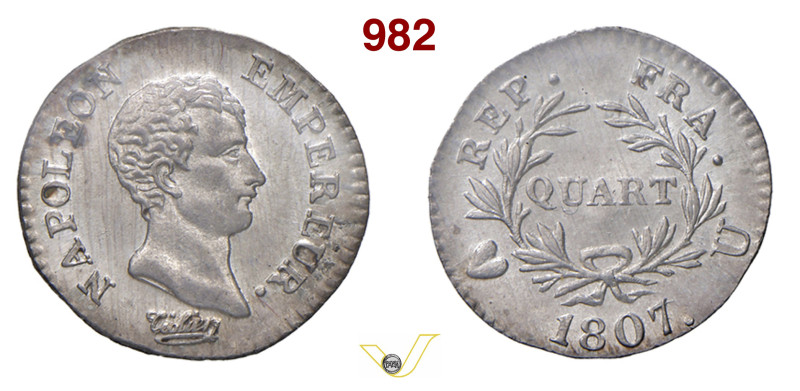 NAPOLEONE I (1804-1814) Quarto di Franco 1807 U, Torino Pagani 63 Mont. 68 Gig. ...