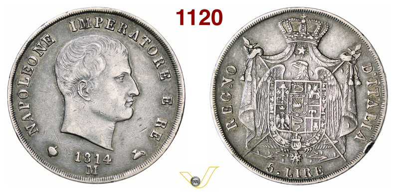 NAPOLEONE I, Imperatore (1804-1814) 5 Lire 1814 puntali aguzzi, Milano Pagani 32...