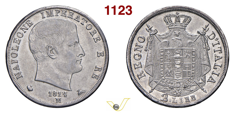 NAPOLEONE I (1804-1814) 2 Lire 1814 puntali sagomati, M, Milano Pagani 40a Mont....