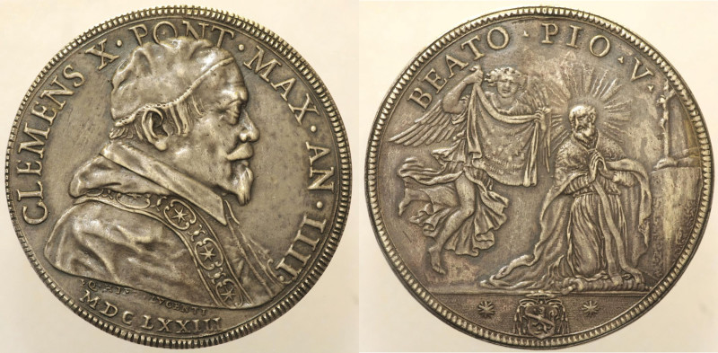 Clemente X (1670 - 1676). ROMA. Piastra 1673 Munt. 11. Molto Rara. Appicagnolo a...