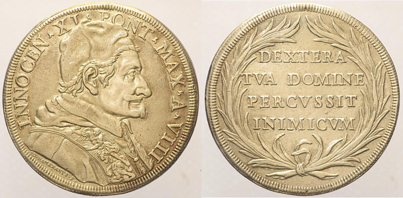 Innocenzo XI (1676 - 1689). ROMA. Piastra A VIII Munt. 26. Molto Rara. Appicagno...