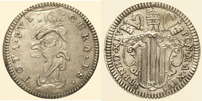 Benedetto XIV (1740 - 1758). ROMA Grosso AN. XIV. Munt. 66b. AG 1,17 g.

Statu...