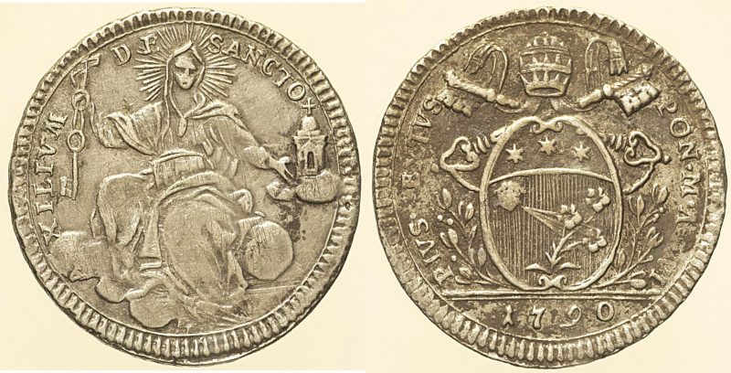 Pio VI (1775 - 1779). ROMA Quinto di scudo 1790. Munt. 46a. AG 5,23 g.

Status...