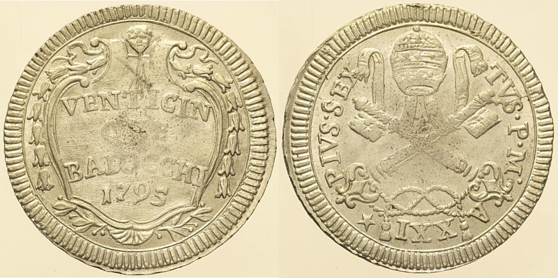 Pio VI (1775 - 1779). ROMA 25 Baiocchi AN. XXI 1795. Munt. 66a. MI 9,42 g.

St...