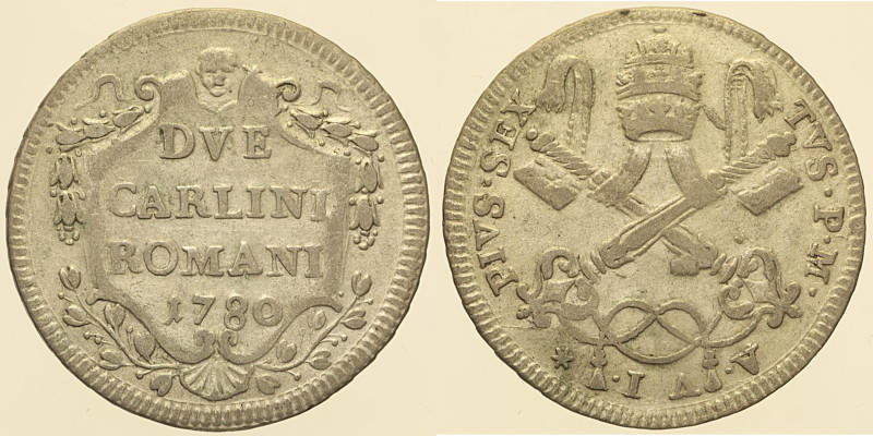 Pio VI (1775 - 1779). ROMA 2 Carlini AN. VI. 1780 Munt. 74. MI 5,50 g.

Status...