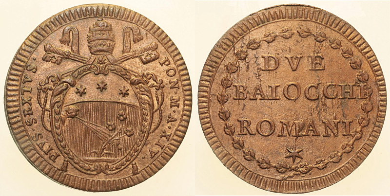 Pio VI (1775 - 1779). ROMA 2 Baiocchi AN. XIV Munt. 107. Striature di conio al r...